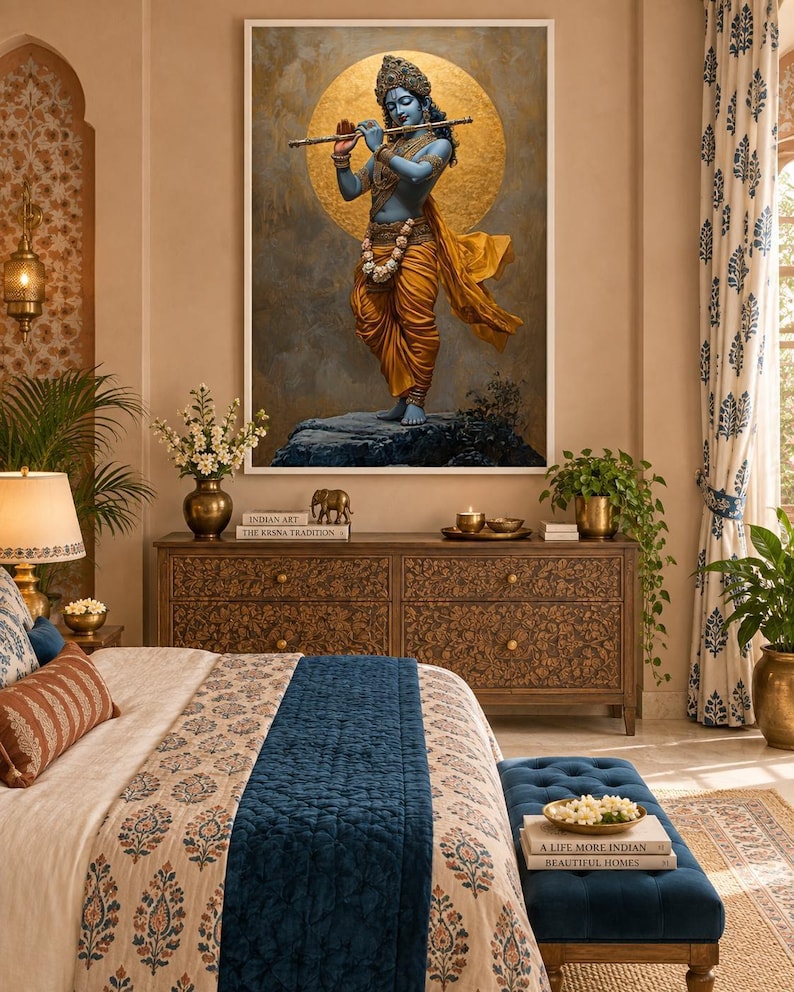 Immerse yourself in divine grace with this exquisite art piece of Lord Krishna playing the flute. The vibrant colors and intricate details make it a captivating addition to any spiritual or cultural space.