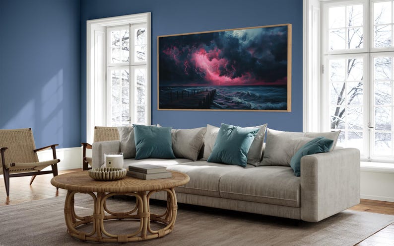 This dramatic storm canvas captures a dark ocean scene with a striking pink lightning sky over a wooden pier. The moody waves and vibrant storm clouds create a bold statement piece. Perfect for lovers of dramatic nature art, coastal décor.