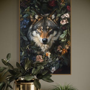 Mystical Wolf Floral Art Print – Cottagecore Woodland Wall Art, Dark Forest Animal Print, Wolf Poster for Nature & Boho Decor
