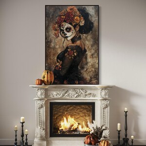 Ethereal portrayal of a woman in Day of the Dead makeup, adorned with a crown of autumn-toned flowers, set against a moody, textured backdrop, evoking both beauty and mystery.