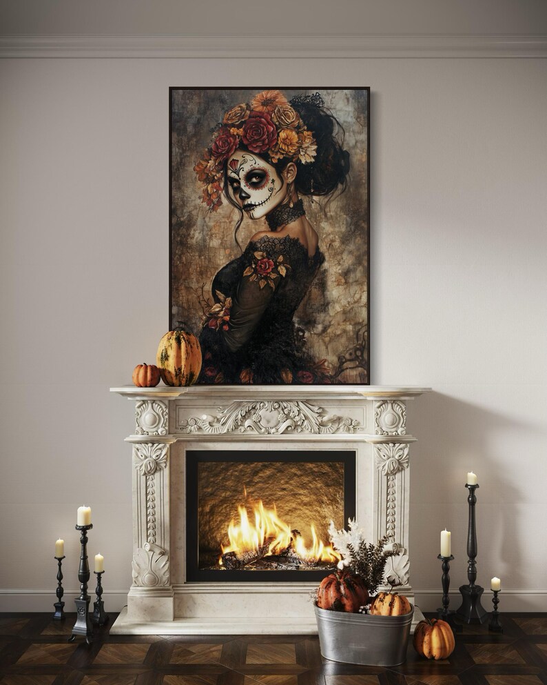 Ethereal portrayal of a woman in Day of the Dead makeup, adorned with a crown of autumn-toned flowers, set against a moody, textured backdrop, evoking both beauty and mystery.