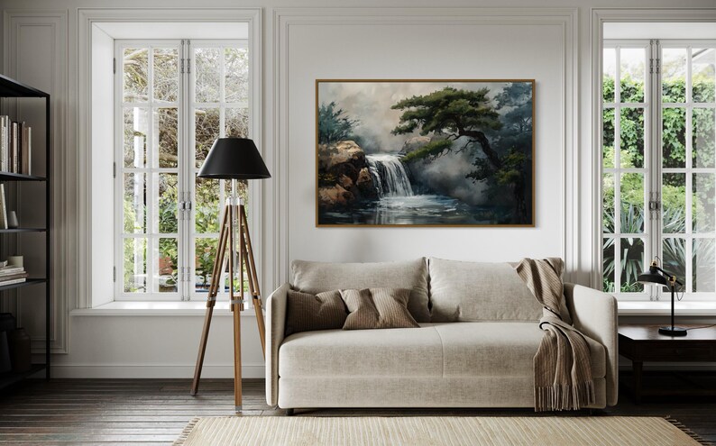 This canvas print beautifully portrays a serene Japanese garden with a cascading waterfall and majestic pine trees, encapsulating the essence of tranquility and the enduring beauty of nature. Perfect for creating a peaceful retreat in your space.