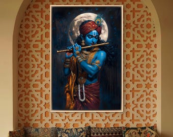 Lord Krishna Art Print – Spiritual Wall Art, Hindu Deity Painting for Meditation Room