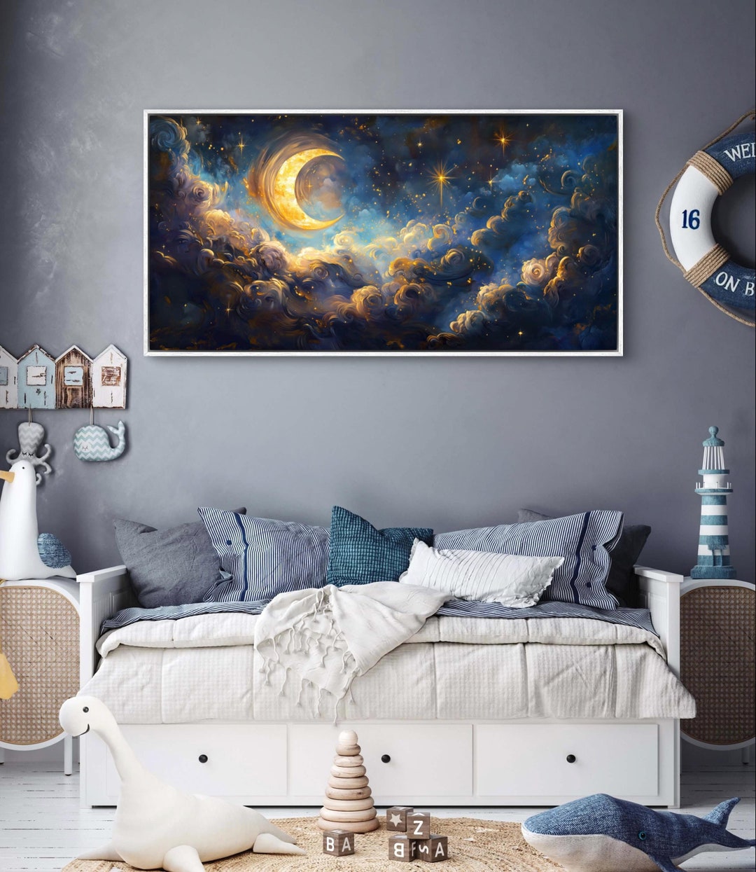 Dreamy Celestial Crescent Moon Wall Art - Panoramic Starry Night Canvas ...