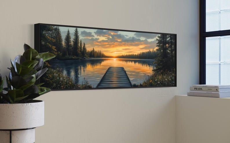 Sunset Lake Dock Art Print – Tranquil Nature Landscape Wall Art, Rustic ...