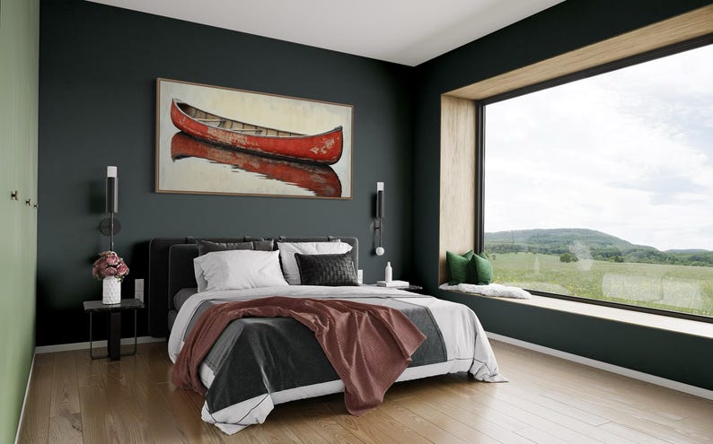 This artwork features a rustic red canoe resting serenely on calm waters. The canoe, with its weathered surface, reflects beautifully in the water, showcasing its rich color. The soft background adds a tranquil atmosphere, perfect for nature lovers.