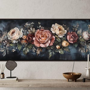 This Victorian-inspired floral canvas art showcases a stunning arrangement of roses in soft pink, cream, and deep red hues. Set against a moody dark blue background, it exudes timeless elegance and romantic charm.