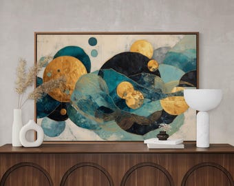 Lámina de arte abstracto en tonos verde azulado y dorado: decoración de pared geométrica moderna, pintura contemporánea de lujo.