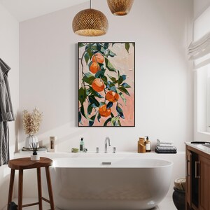 In this abstract painting, vibrant mandarins dangle amidst lush foliage, where bold strokes and vivid colors capture the essence of nature’s sweetness.