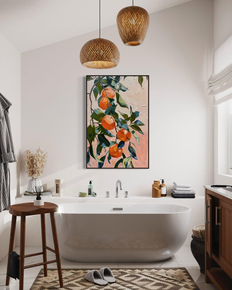 In this abstract painting, vibrant mandarins dangle amidst lush foliage, where bold strokes and vivid colors capture the essence of nature’s sweetness.