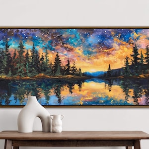 Starry Sky Over Pine Forest Art - Twilight In Magical Forest Print with Colorful Clouds for Home Decore & Lake House Decor