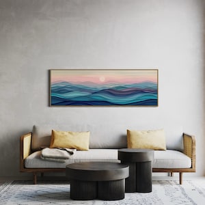 Stylized waves in soothing dusk hues, where serene blues meld into soft pinks, encapsulating the peaceful embrace of the evening by the sea.