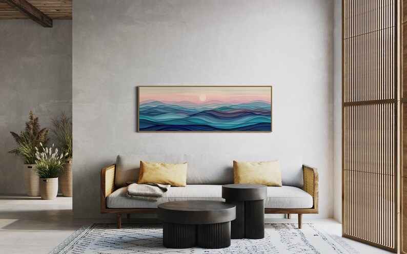 Stylized waves in soothing dusk hues, where serene blues meld into soft pinks, encapsulating the peaceful embrace of the evening by the sea.