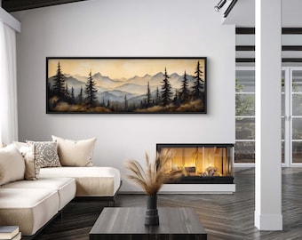 Panoramic Mountain Wall Art - Misty Forest Sunrise Canvas Print, Serene Pine Tree Landscape for Rustic Cabin or Nature-Inspired Decor