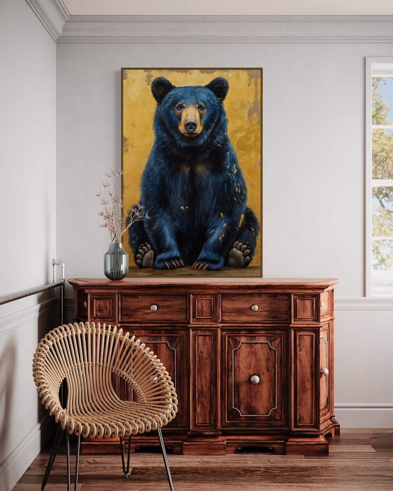Realistic painting of a blue-black bear with golden accents. The bear sits against a textured golden background, combining natural beauty with artistic flair. Perfect for adding a unique touch of wilderness charm to any space.