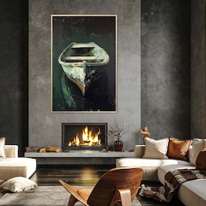 A tranquil artwork capturing a rustic boat's serene reflection in still waters, embodying a quiet escape and the beauty of simplicity. Ideal for a calming space.