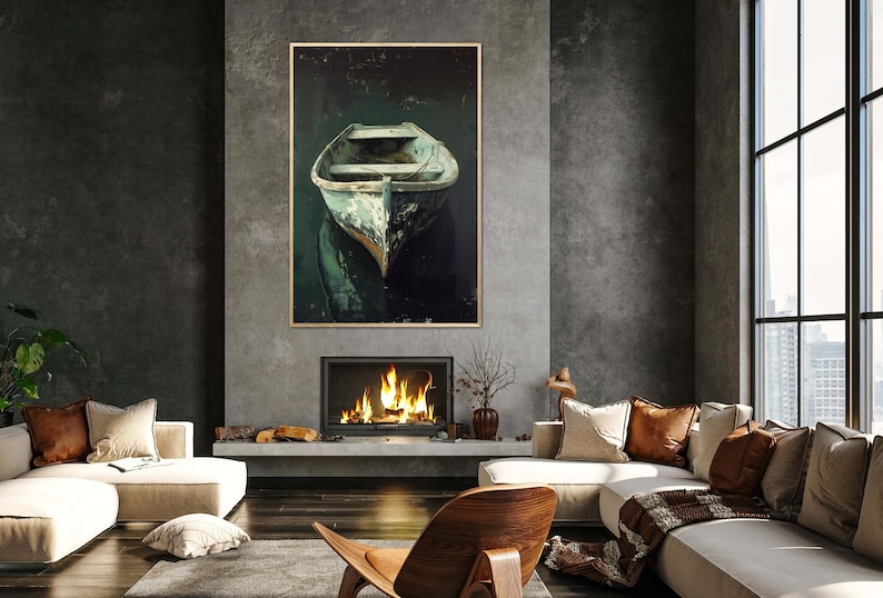 A tranquil artwork capturing a rustic boat's serene reflection in still waters, embodying a quiet escape and the beauty of simplicity. Ideal for a calming space.