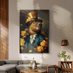 An elegantly attired capybara in a top hat graces this portrait, surrounded by a vibrant bloom of golden flowers, emanating sophistication and charm.