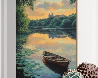 Muurkunst zonsondergang boot - Serene Lake House-kunst, houten bootdoek, rustige waterreflectieprint, Cottagecore-kunst aan het meer voor woonkamer