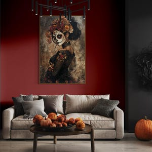 Ethereal portrayal of a woman in Day of the Dead makeup, adorned with a crown of autumn-toned flowers, set against a moody, textured backdrop, evoking both beauty and mystery.