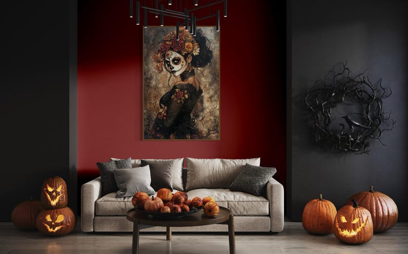 Ethereal portrayal of a woman in Day of the Dead makeup, adorned with a crown of autumn-toned flowers, set against a moody, textured backdrop, evoking both beauty and mystery.