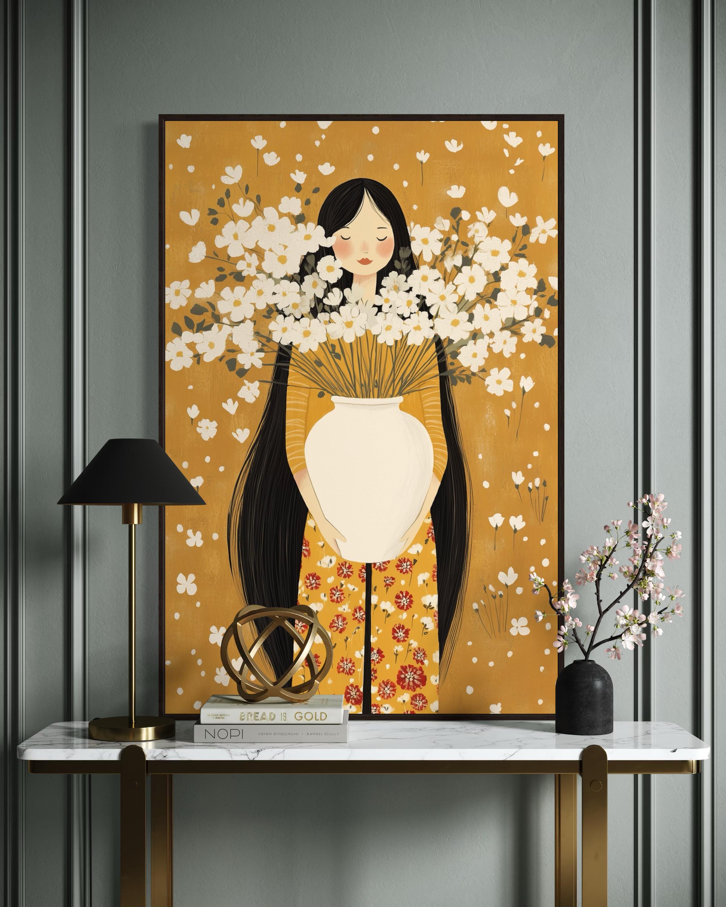 気まぐれな花柄アートプリント - 花を持つボヘミアン女性、コテージ