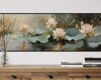 Lotus Pond Wall Art - Serene Floral Canvas, Tranquil Nature-Inspired Decor, Elegant Pastel Botanical Print for Living Room or Above Bed