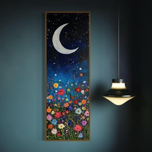 Crescent Moon Flower Field Art Print – Whimsical Starry Night Floral Wall Art, Dreamy Night Sky Decor, Moon And Flowers Print
