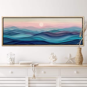 Stylized waves in soothing dusk hues, where serene blues meld into soft pinks, encapsulating the peaceful embrace of the evening by the sea.