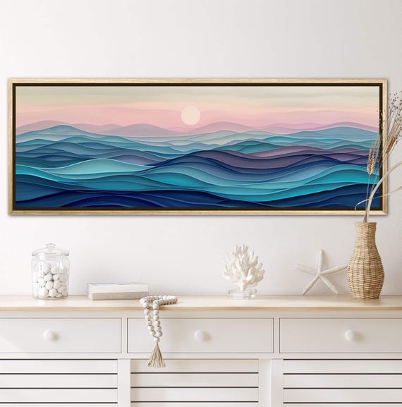 Ocean Panorama - Ocean Waves Painting Print with Pink and Purple Sky, Panoramic Wall Art for Above Bed Decor