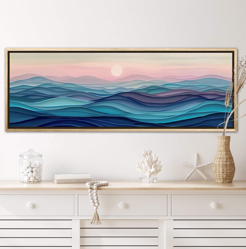 Stylized waves in soothing dusk hues, where serene blues meld into soft pinks, encapsulating the peaceful embrace of the evening by the sea.