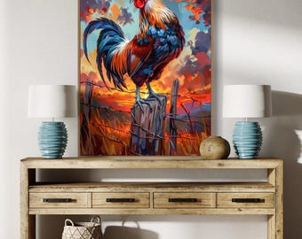 Rooster Sunrise Painting Print – Vibrant Rustic Farmhouse Wall Art
