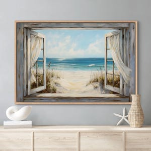 Coastal Window View Canvas – Serene Beach Wall Art, Nautical Home Decor, Breezy Curtains Seascape Print for Living Room or Bedroom