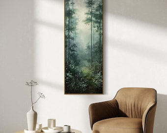 Enchanted Misty Forest - Tall Vertical Relaxing Forest Scene with Wild Flower Print, Narrow Wall Art in Dark Forest Green