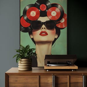 Retro Vinyl Record Girl Art Print – Pop Art Music Decor, Funky Wall Art for Music Lovers, Vintage Glam Fashion Poster