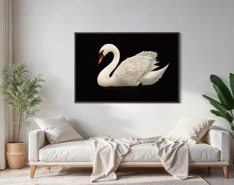 Elegant White Swan Art Print - Minimalist Bird Wall Decor, Black Background Fine Art Poster