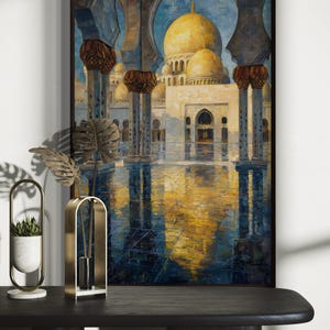 Golden Mosque Wall Art – Islamic Architecture Print, Middle Eastern Decor, Dome & Arches Painting, Elegant Islamic Home Art, Ramadan Gift