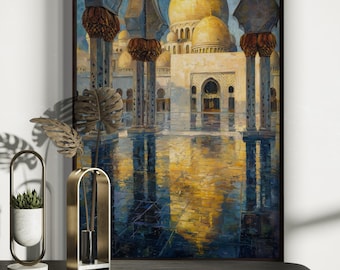 Golden Mosque Wall Art – Islamic Architecture Print, Middle Eastern Decor, Dome & Arches Painting, Elegant Islamic Home Art, Ramadan Gift