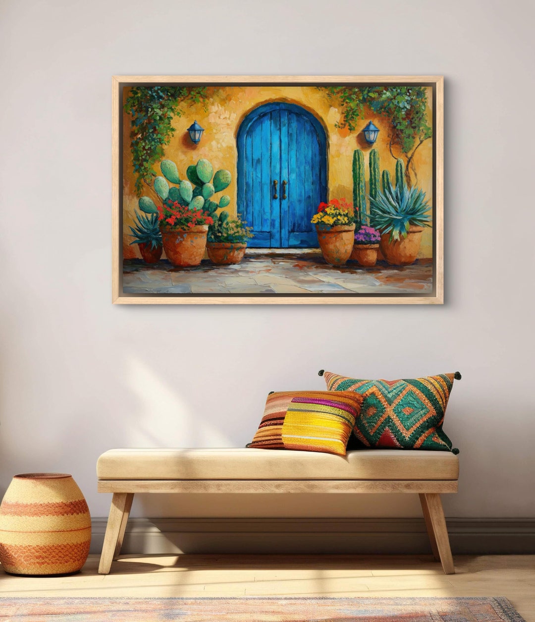 Vibrant Southwest Cactus and Blue Door Wall Art - Colorful Mexican
