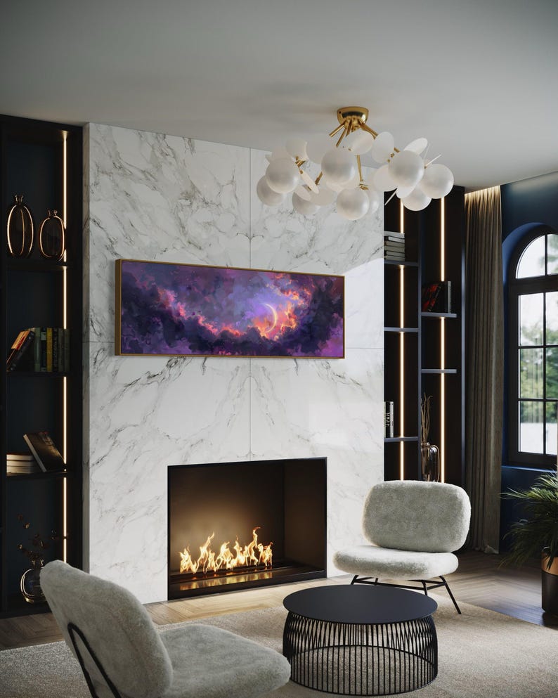 Dive into the ethereal beauty of a crescent moon cradled by vivid clouds in a surreal dreamscape. This stunning painting captures the enchanting dance of light and color, perfect for bringing a touch of wonder to any space.