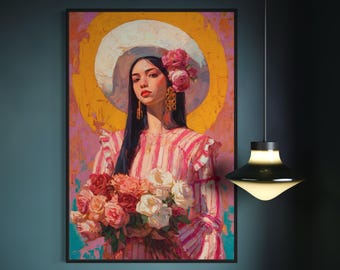 Lámina artística de mujer mexicana moderna: retrato latino audaz, arte mural, decoración floral bohemia, pintura femenina colorida, decoración cultural para el hogar.