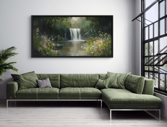 Moody Waterfall Canvas Print - Lush Rainforest Wall Art with Wildflowers and Calm River Reflection, Perfect Relaxing Decor