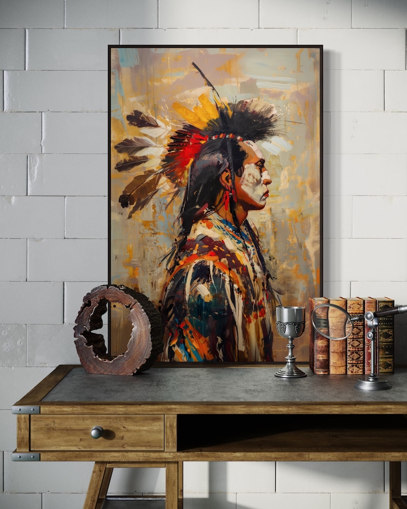 This striking portrait captures a Native American in profile, adorned with a vibrant feather headdress. The dynamic brushstrokes and bold colors evoke a sense of strength and spirit.