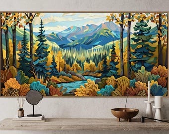 Whimsical Autumn Forest River - Panoramic Landscape Print, Rustic Charm Wall Decor, Greenery and Mountain Art for Autumnal Home Decor