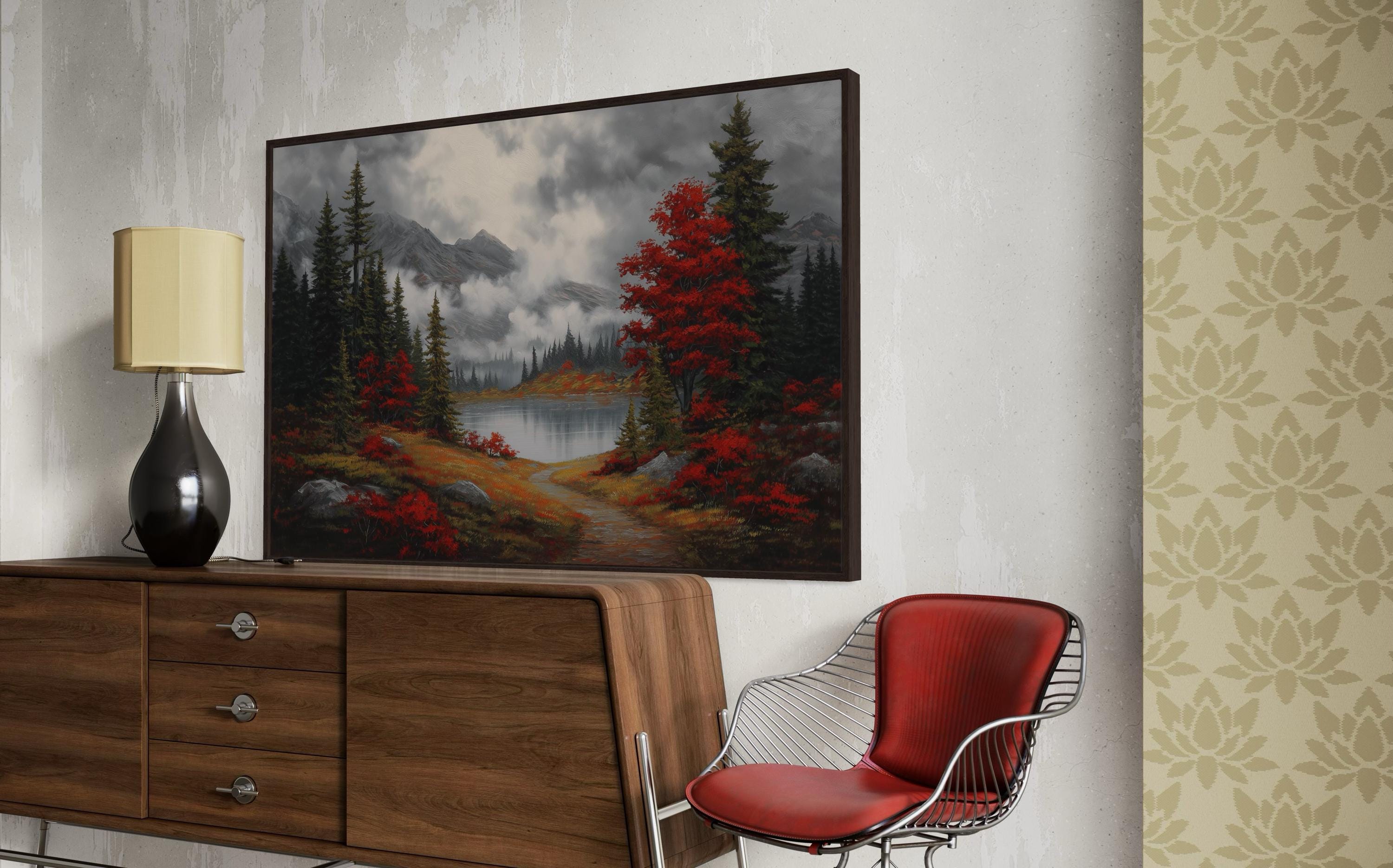 Autumn Mountain Lake Art Print – Moody Landscape Wall Art, Red Maple ...