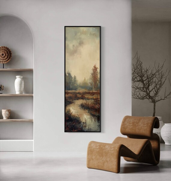 Moody Landscape: Dramatic Foggy Forest with Water Reflection Print, Earth Tone Narrow Wall Art for Rustic Home Decor