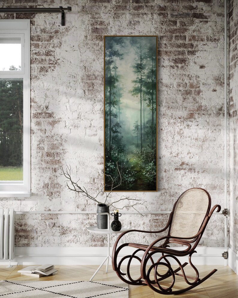 This serene painting depicts a misty forest with tall trees and delicate wildflowers. The soft, muted colors and ethereal atmosphere create a sense of tranquility, perfect for adding a touch of nature and calm to any space.