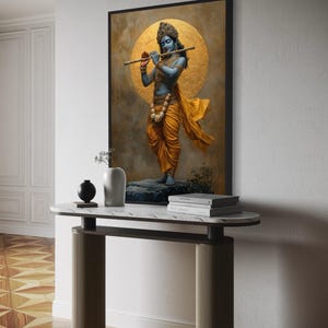 Immerse yourself in divine grace with this exquisite art piece of Lord Krishna playing the flute. The vibrant colors and intricate details make it a captivating addition to any spiritual or cultural space.