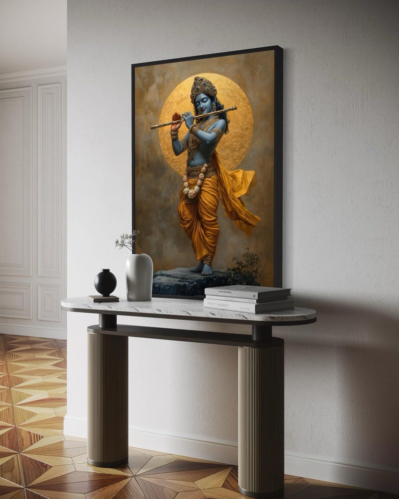 Immerse yourself in divine grace with this exquisite art piece of Lord Krishna playing the flute. The vibrant colors and intricate details make it a captivating addition to any spiritual or cultural space.