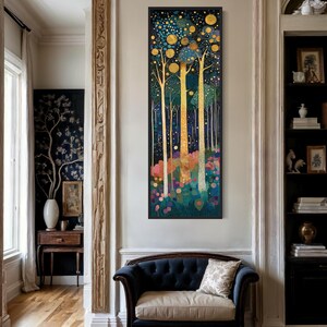 Magical Enchanted Forest Wall Art – Klimt-Inspired Abstract Tree Print with Gold Accents, Atmospheric Long Narrow Art for Vertical Decor